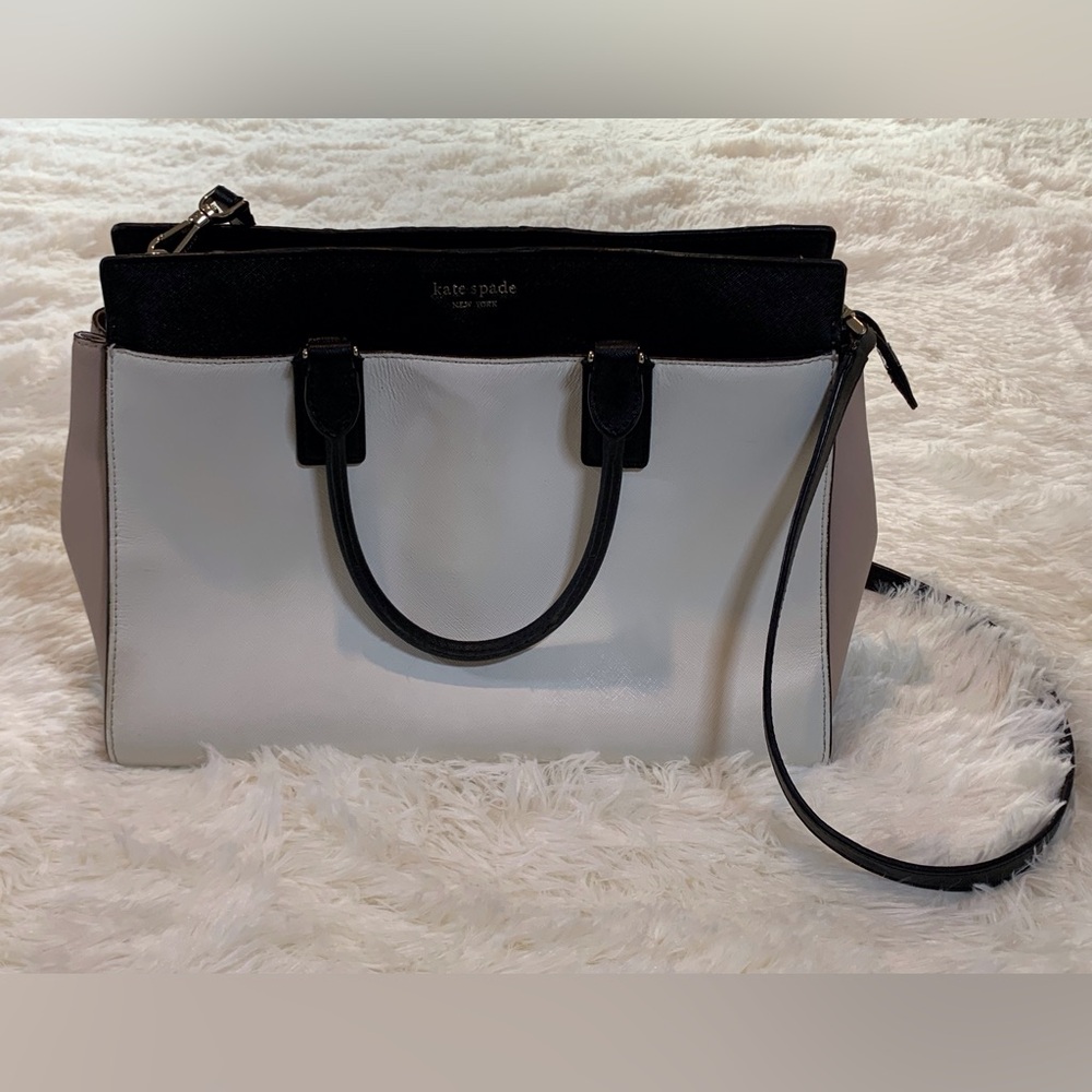 Kate Spade NY Cameron Medium Crossbody Leather Satchel Purse White Taupe Black